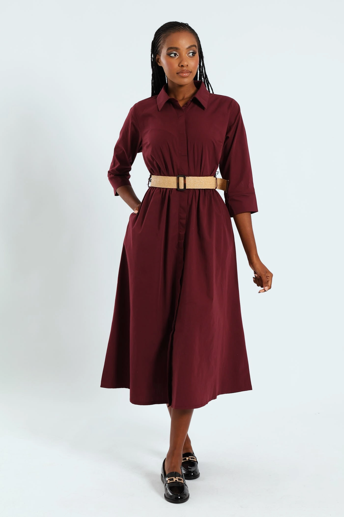 Fashion catalog 3/4 Sleeve Belted Midi Shirt Dress - Burgundy Smart fashion (wearables)