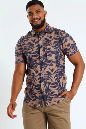 Fashion sizes Floral Short Sleeve Shirt - Stone/Blue Casual wear options