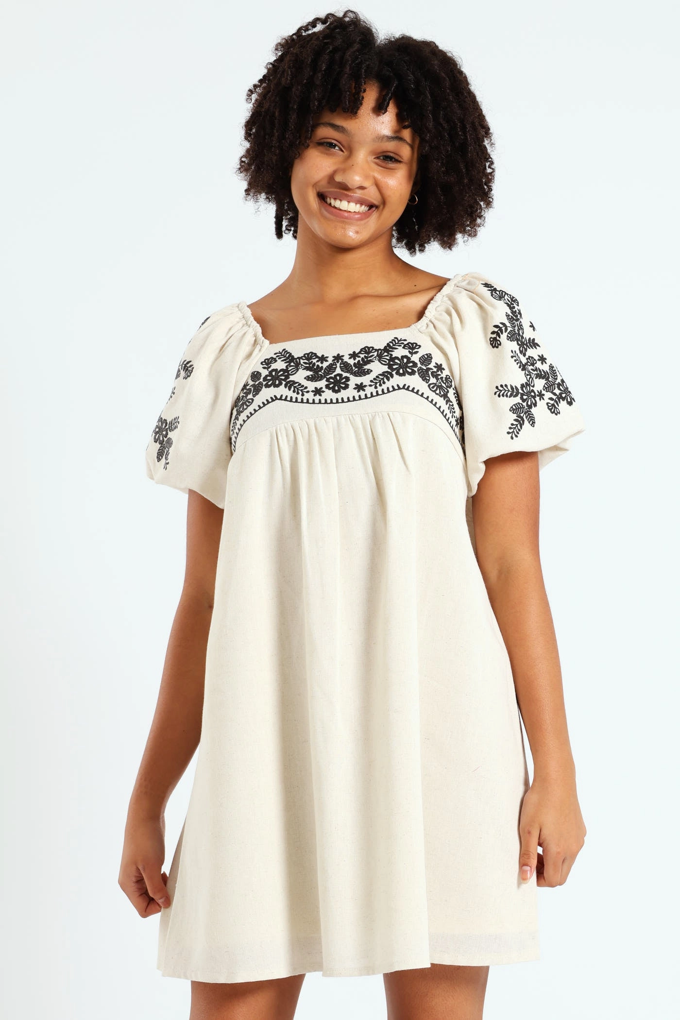 High - end fashion Girls Linen Embroidered Puff Sleeve Dress - Stone Luxury fashion items