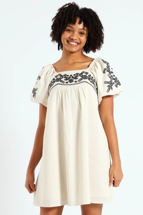 Fashion storage (wardrobes, hangers, etc.) Girls Linen Embroidered Puff Sleeve Dress - Stone Leather - material fashion