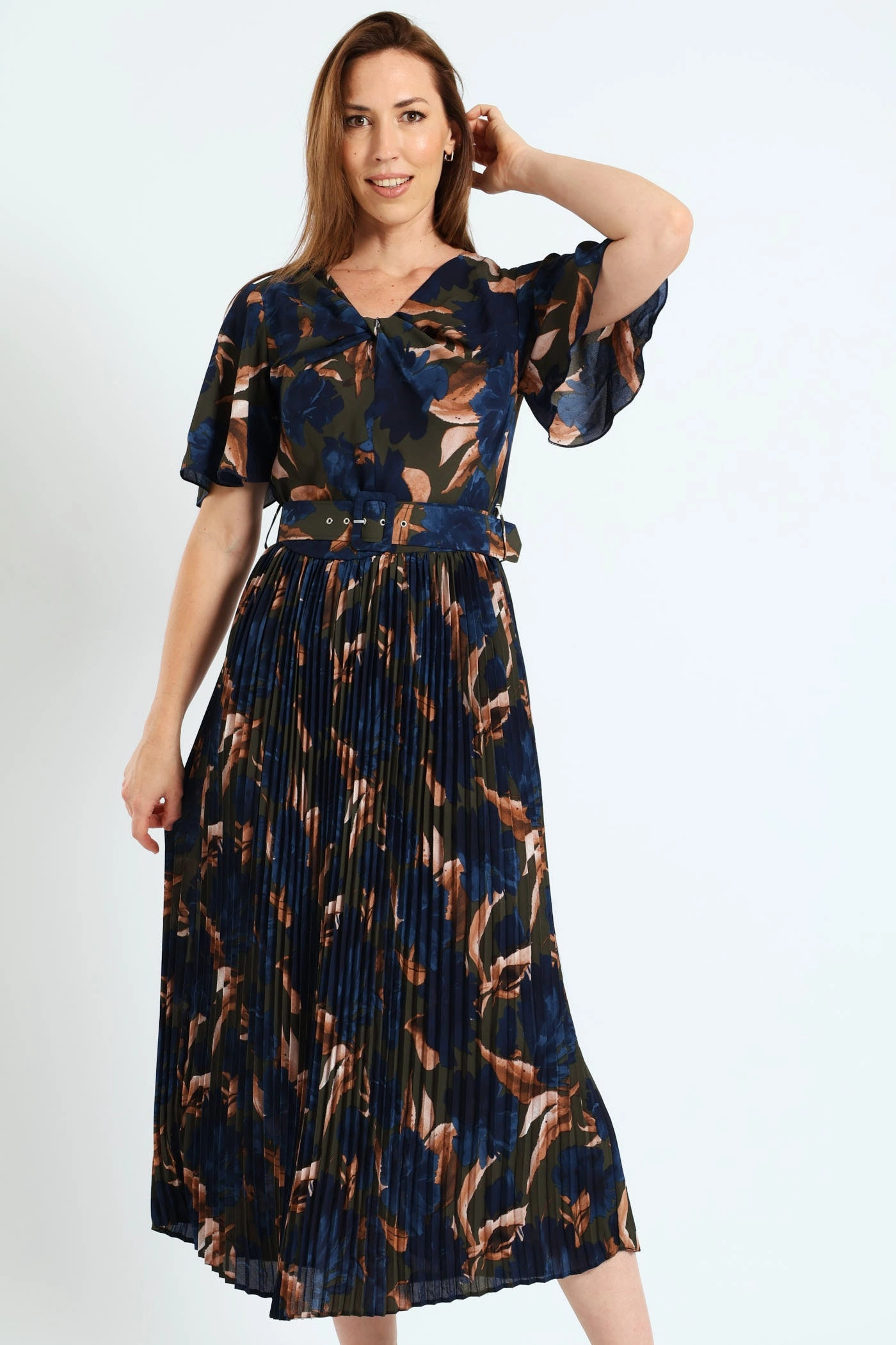 Knot Neck Pleated Belted Dress - Blue Wardrobe staples Clothing and accessories