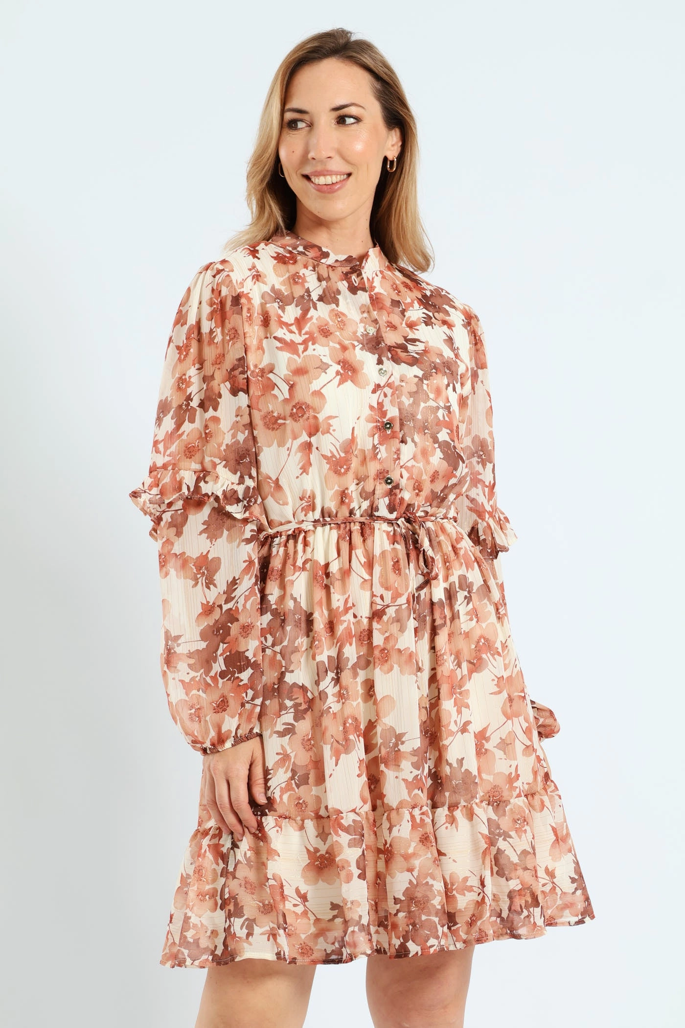 Athleisure fashion Mandarin Collar Tiered Frill Tea Dress - Cream Seasonal wear