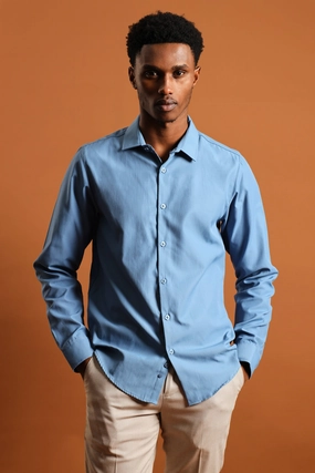 Fashion technology Slim Textured Long Sleeve Shirt - Smokey Blue Popular fashion picks