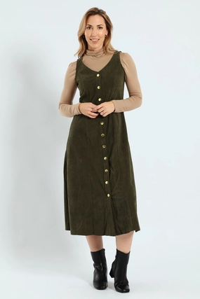 Fashion trends by region V-Neck Button Through Panelled Fit & Flare Corduroy Midi Dress - Dark Fatigue Fashion inspiration