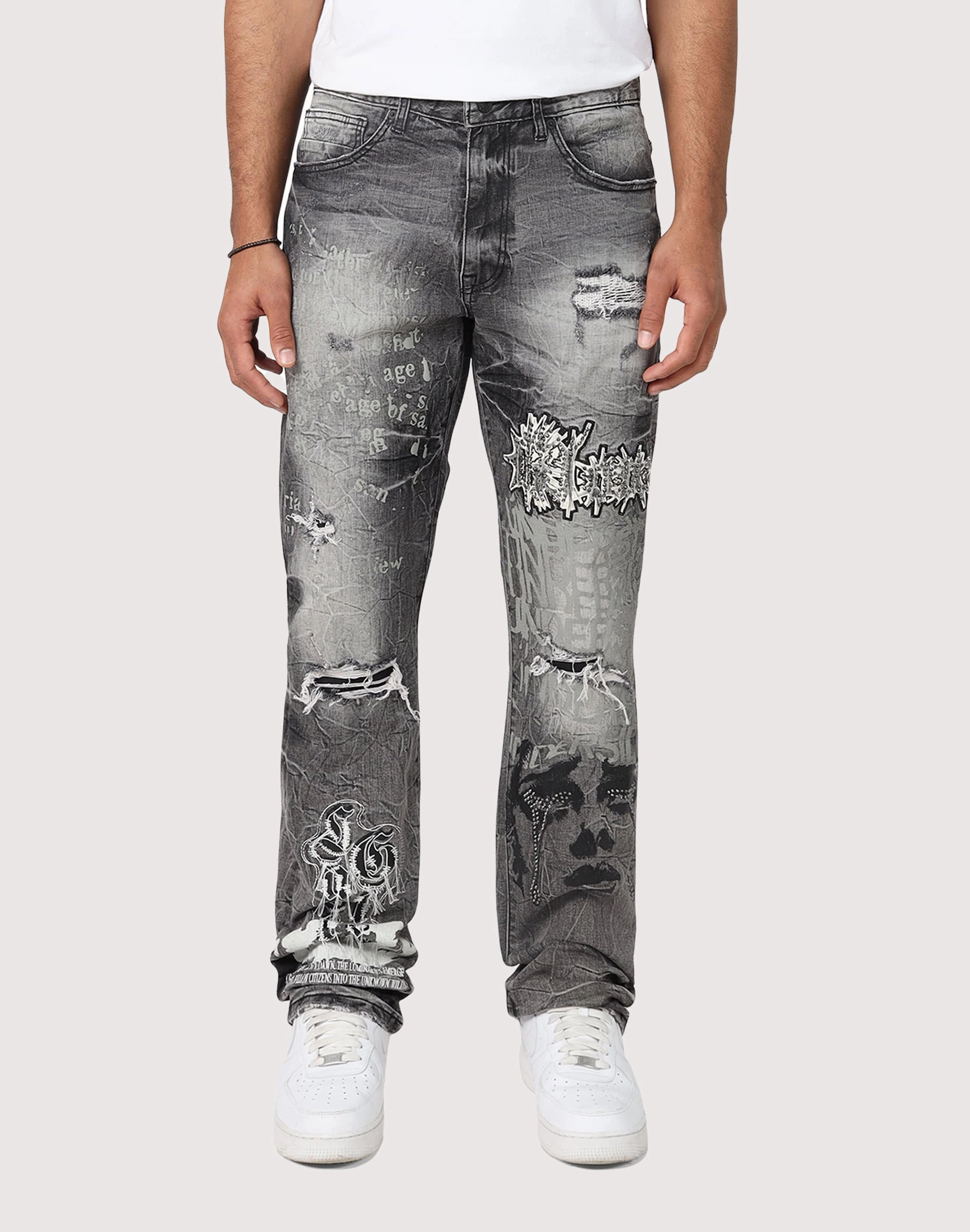 Hip - hop fashion Grindhouse Straight Fit Rip N Repair Embossed Denim Jeans Fashion history