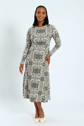 Fit & Flare Panelled Knit Midi Dress Lingerie and intimates Leather - material fashion