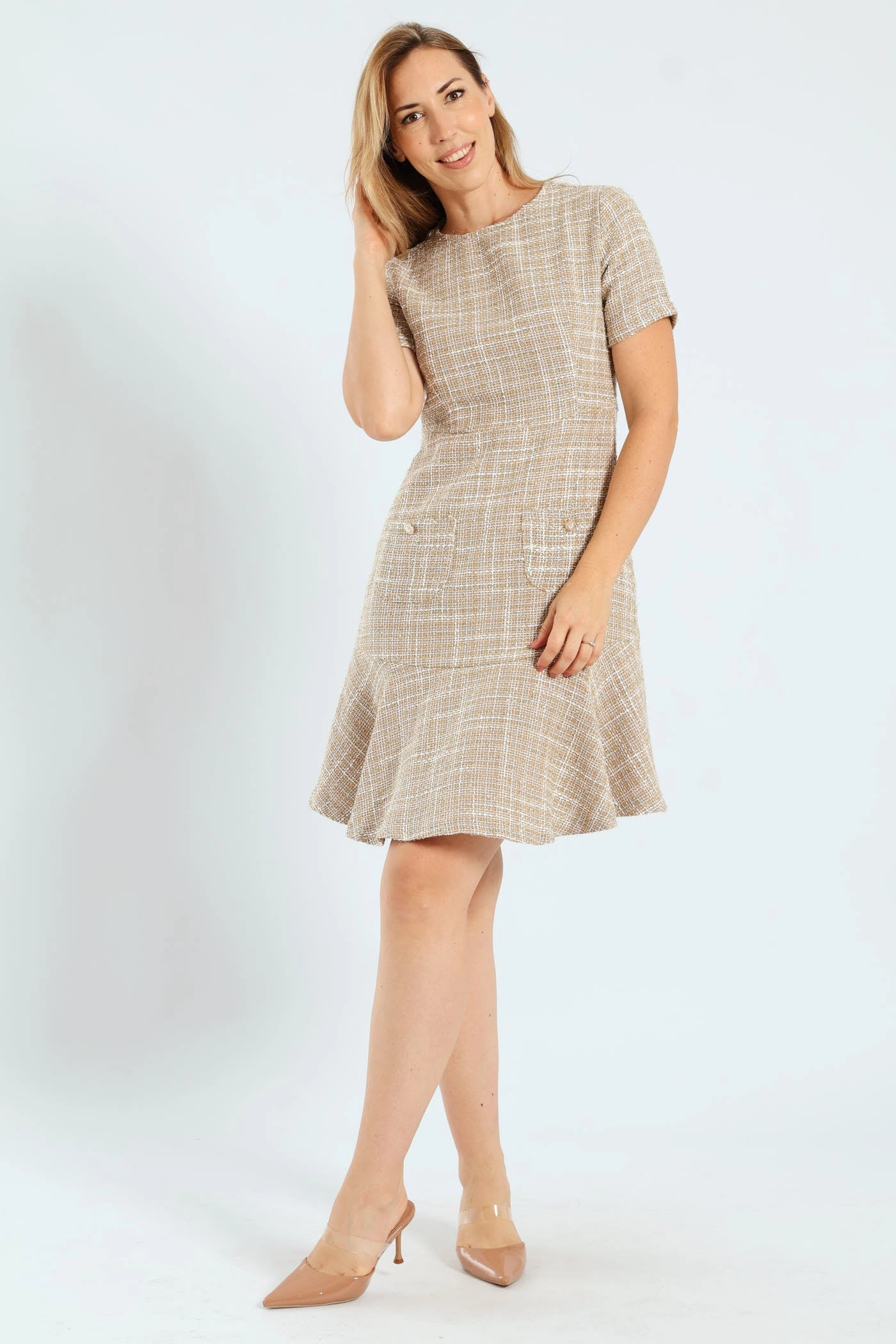 Flared Pocket Tweed Dress - Cream Hip - hop fashion Clothing assortments