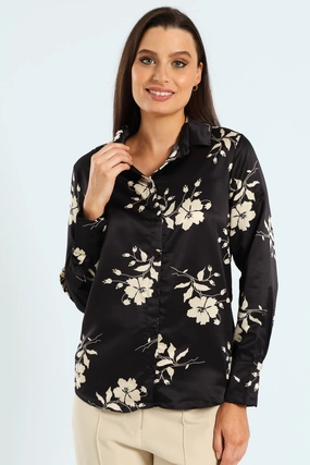 Floral Monochrome Satin Shirt - Black/Cream Fashion photography Spandex - incorporated fashion