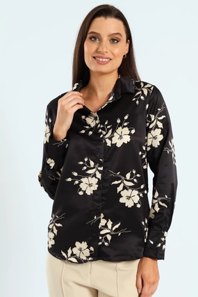 Floral Monochrome Satin Shirt - Black/Cream Fashion photography Spandex - incorporated fashion