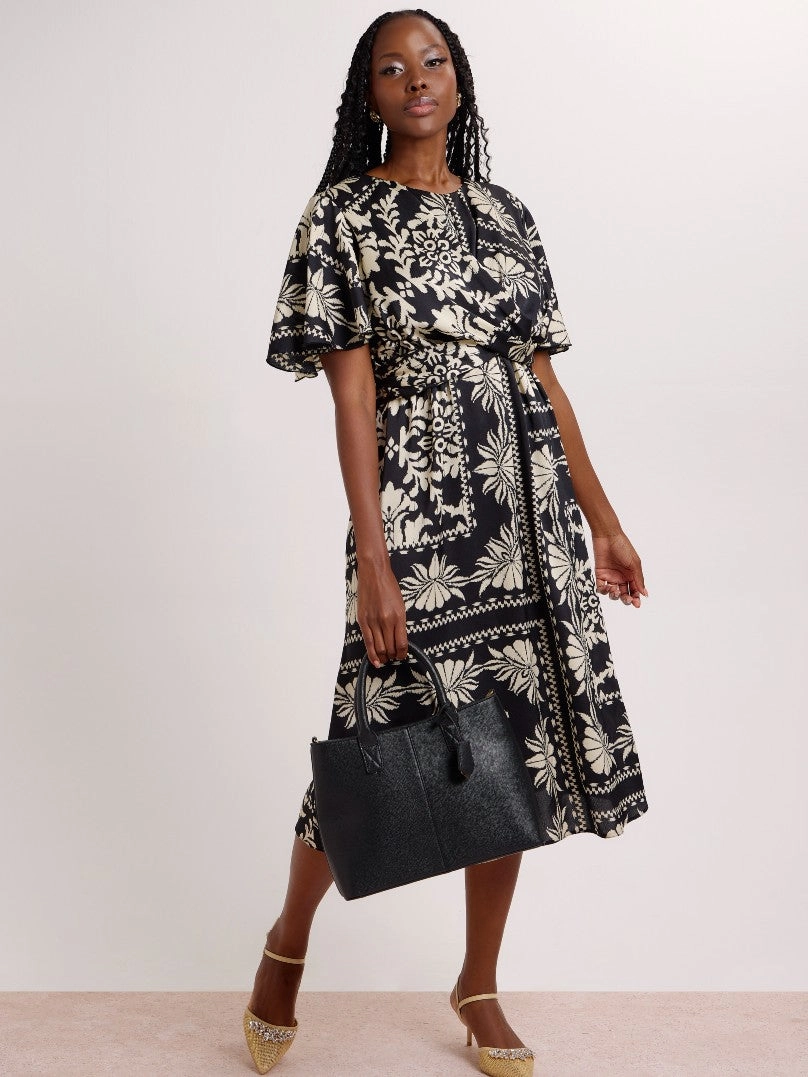 Flutter Sleeve Satn Midi Dress - Black/Cream Fashionable goods Lingerie and intimates