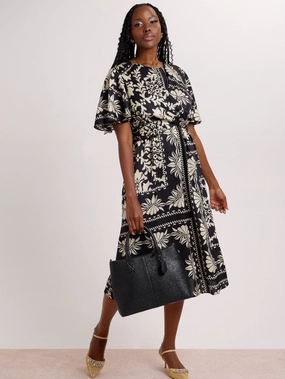 Flutter Sleeve Satn Midi Dress - Black/Cream Polyester - used fashion Apparel finds