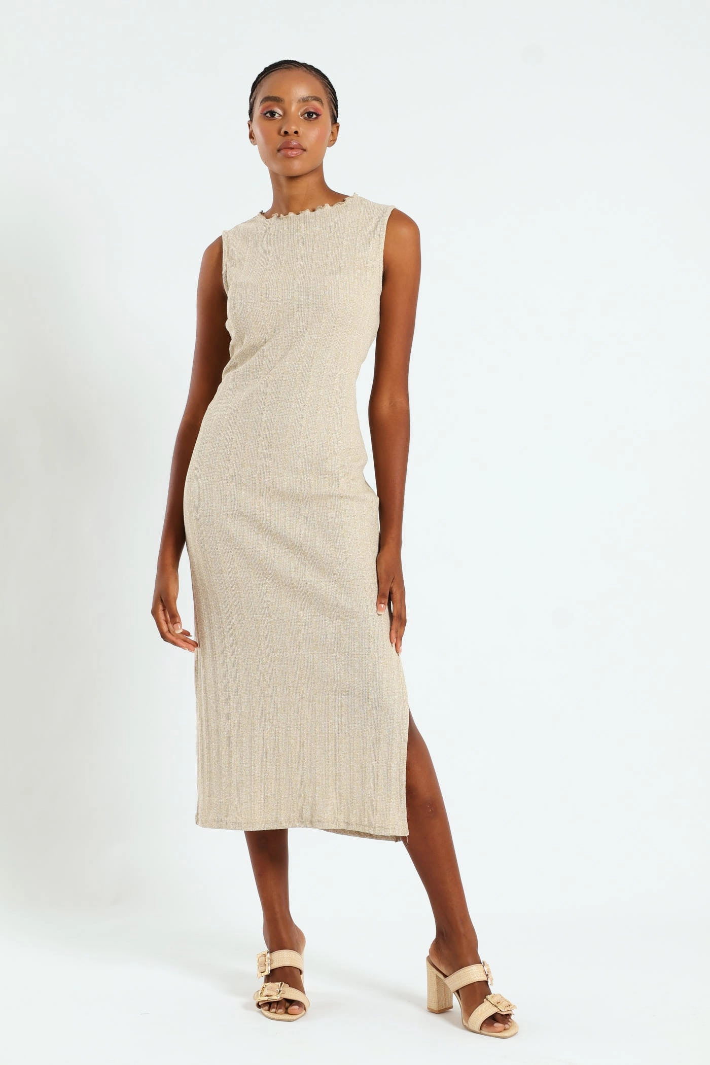 Formal wear selections Lettuce Neck Rib Column Shimmer Maxi Dress - Oatmeal Melange Seasonal wear
