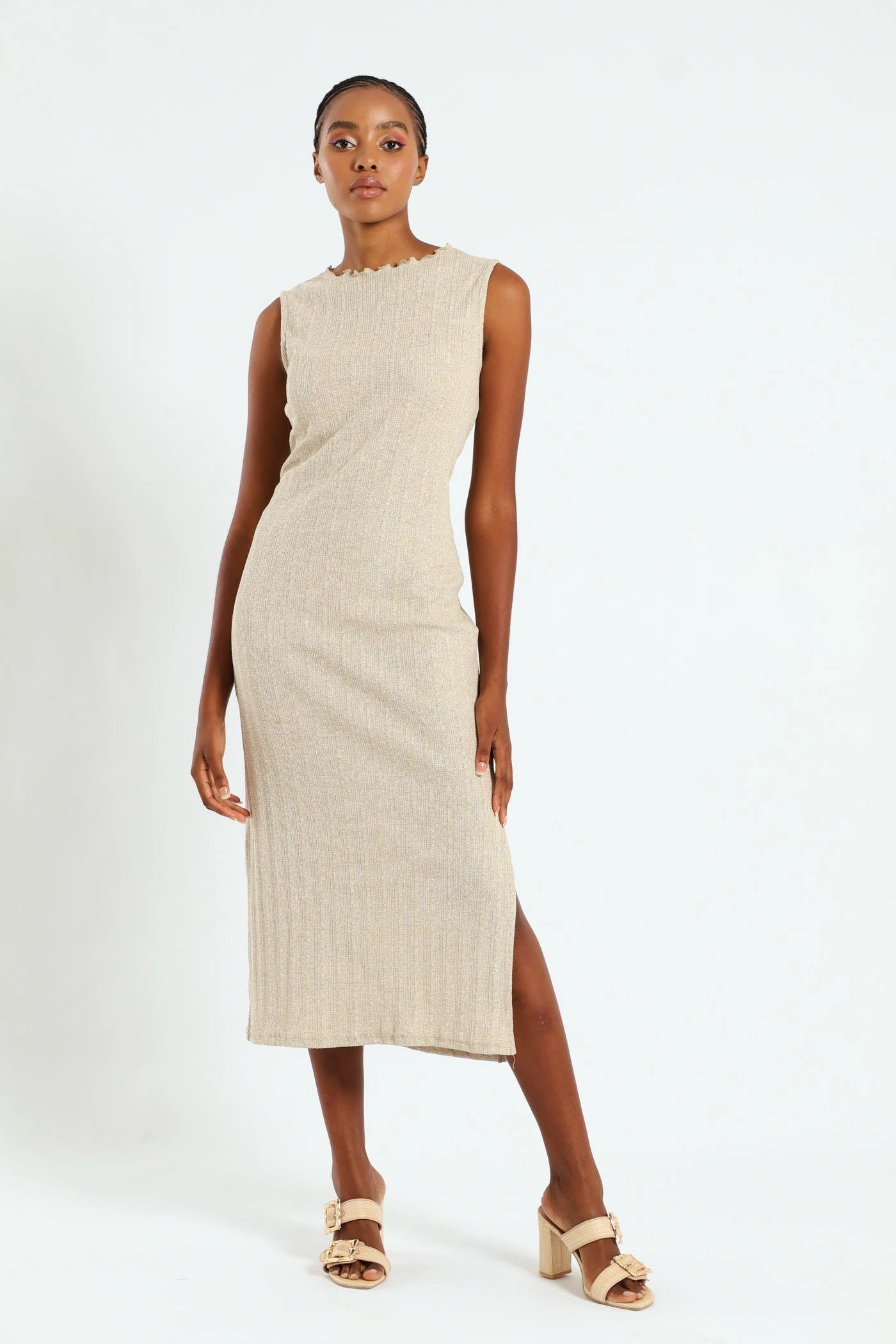 Fashion culture Lettuce Neck Rib Column Shimmer Maxi Dress - Oatmeal Melange Nylon - included fashion