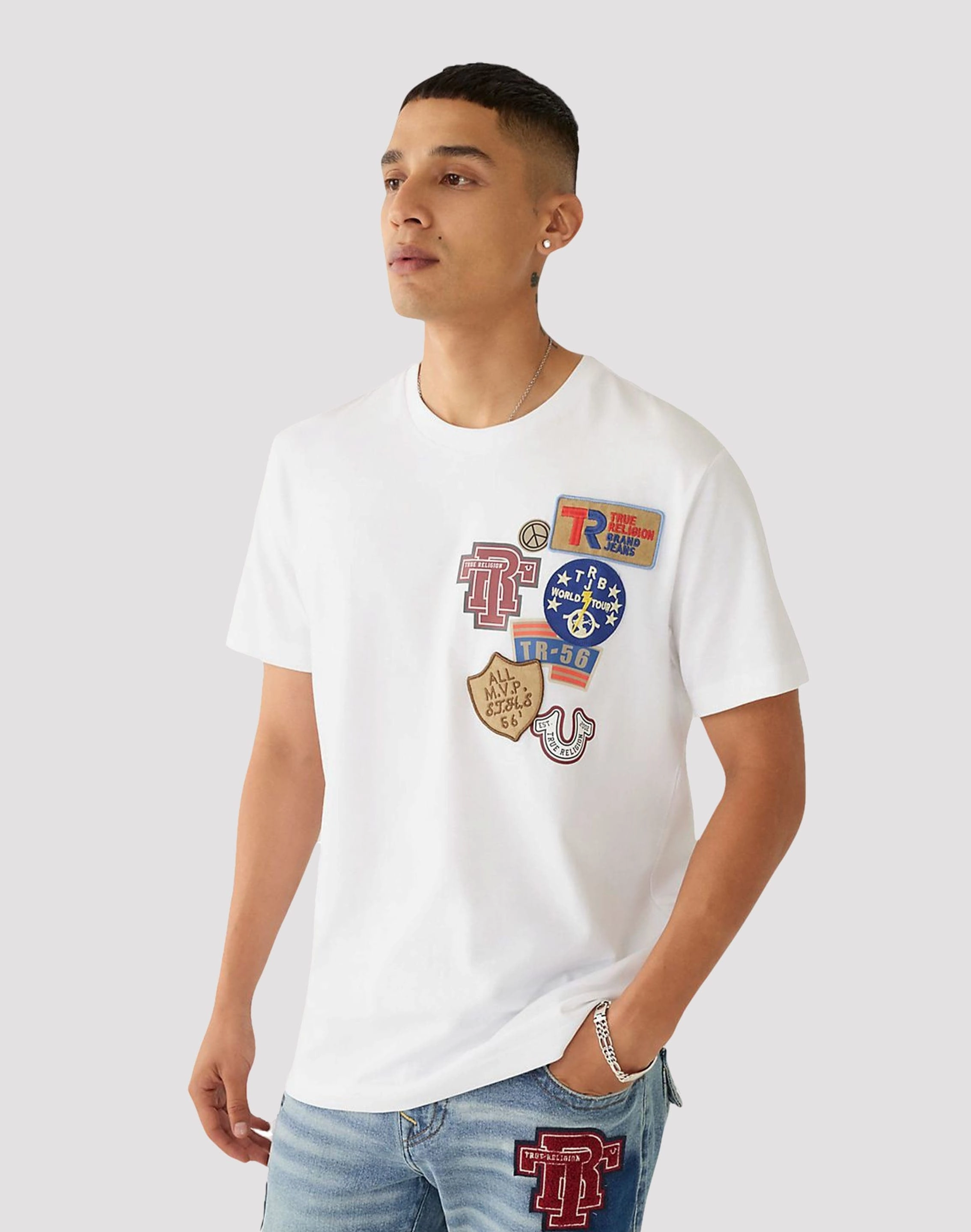 Formal wear selections True Religion Collegiate Patch White Tee Workwear options