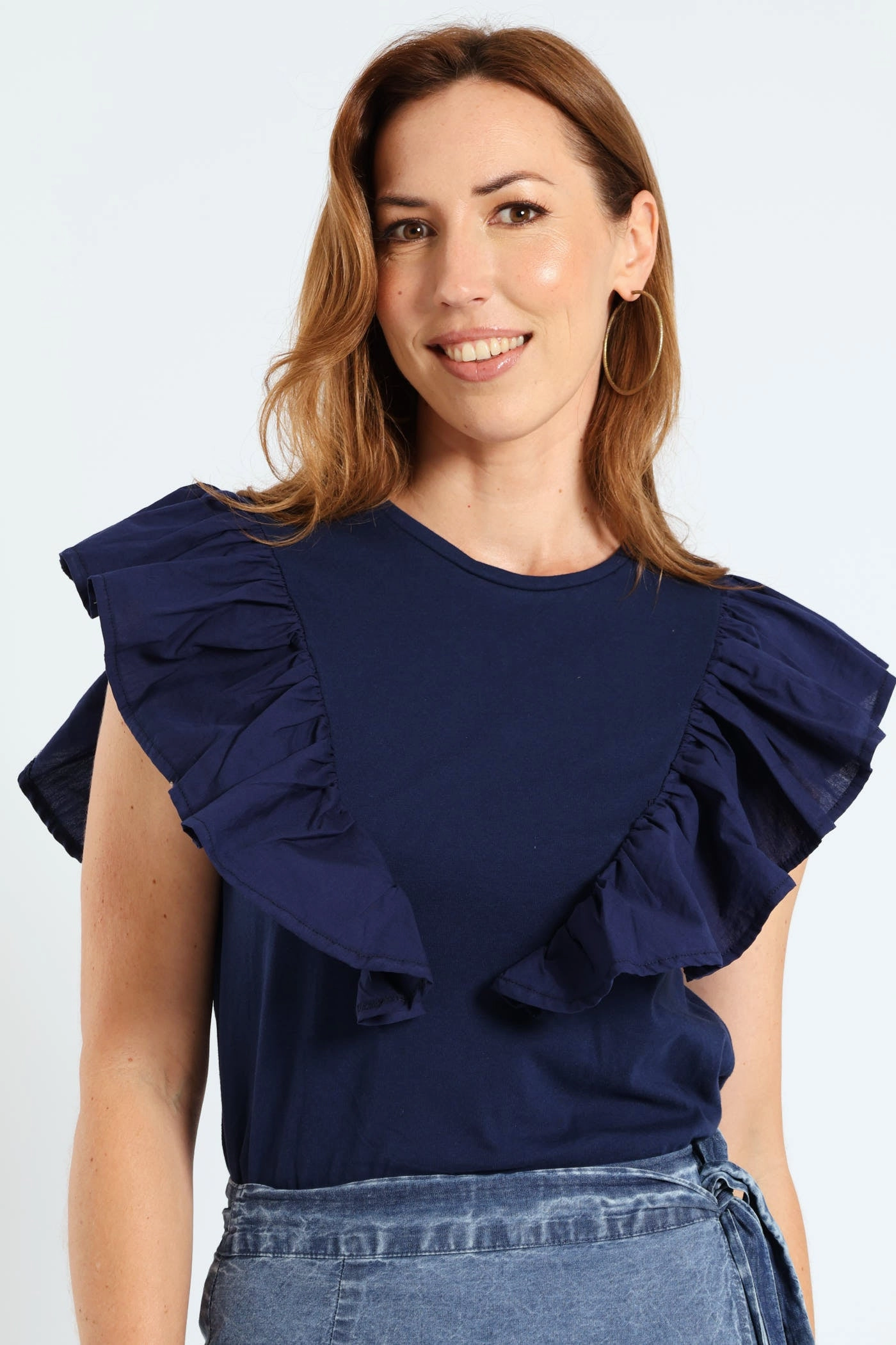 Frill Detail Boxy Combo Tee - Navy