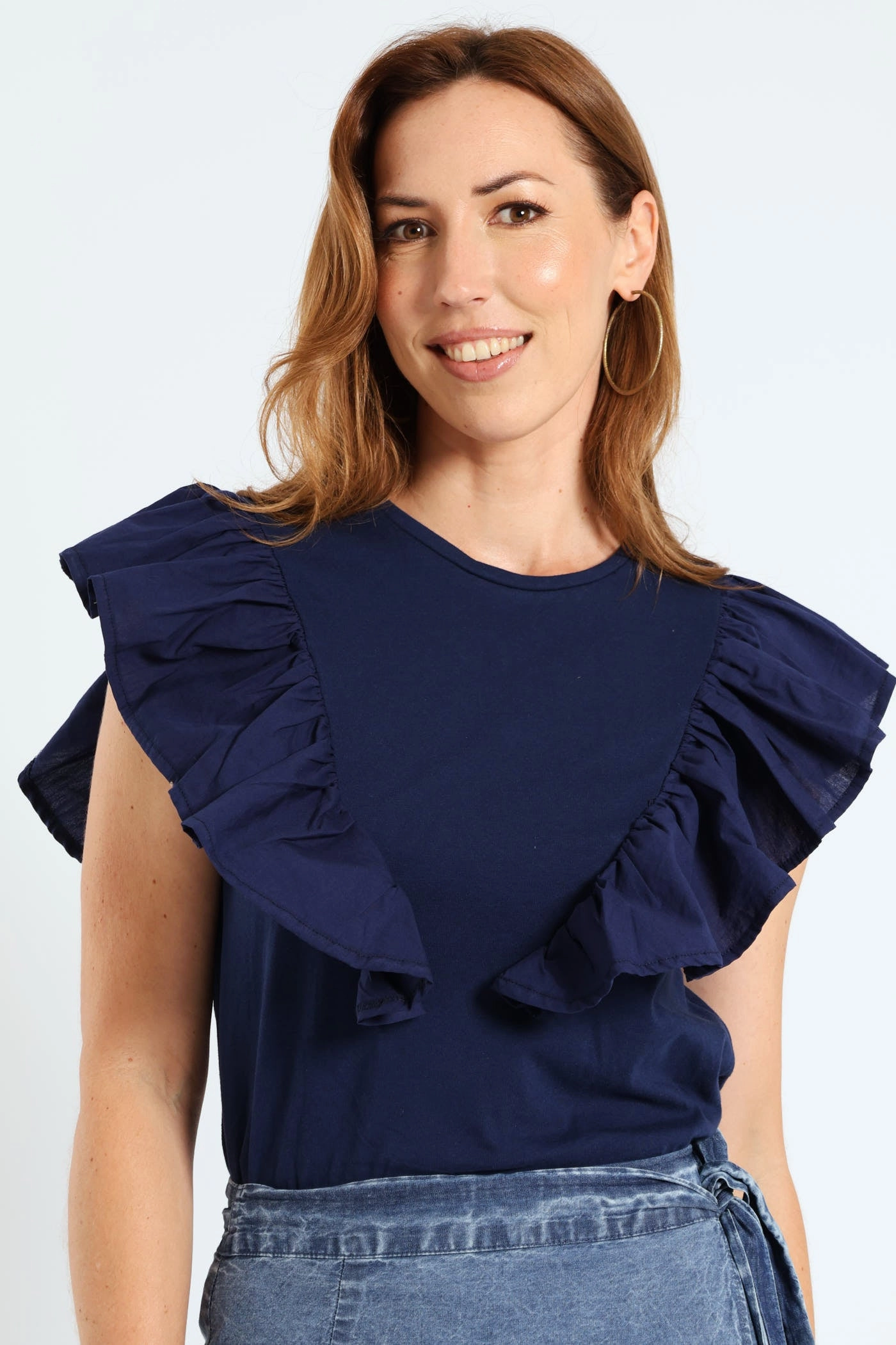 Frill Detail Boxy Combo Tee - Navy