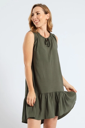 Frill Neck Drop Hem Dress - Light Fatigue Smart fashion (wearables) Business casual wear