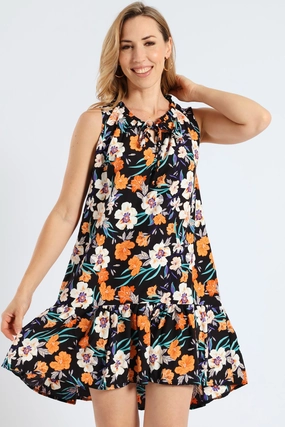 Frill Neck Drop Printed Hem Dress - Black Printed fashion Fashion sizes