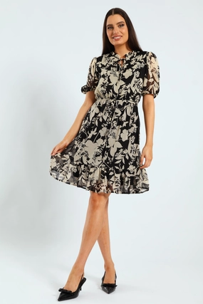 Frill Neck Puff Sleeve Tea Dress - Black Quality apparel Lingerie and intimates
