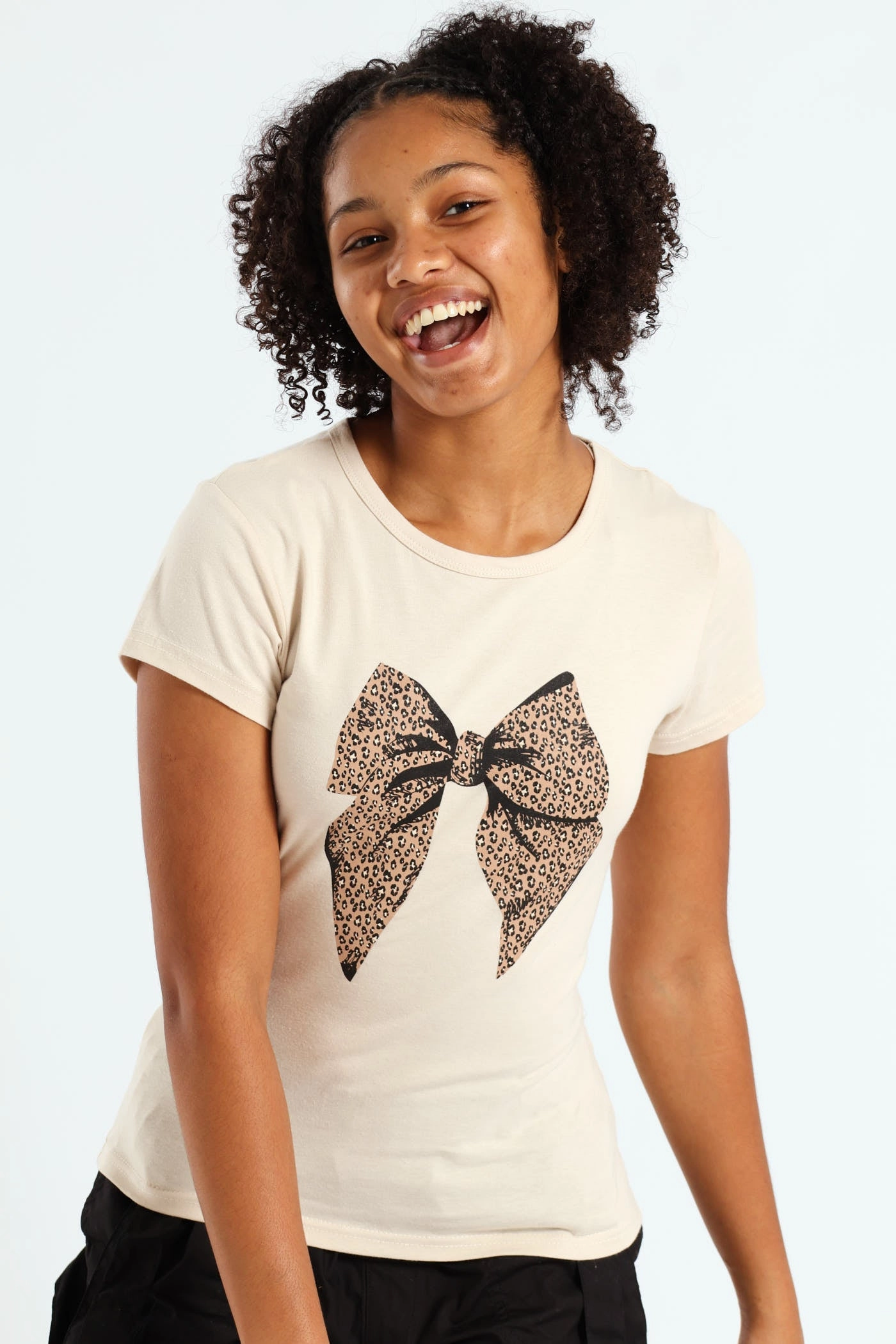 Girls Bow Leo Tee - Stone