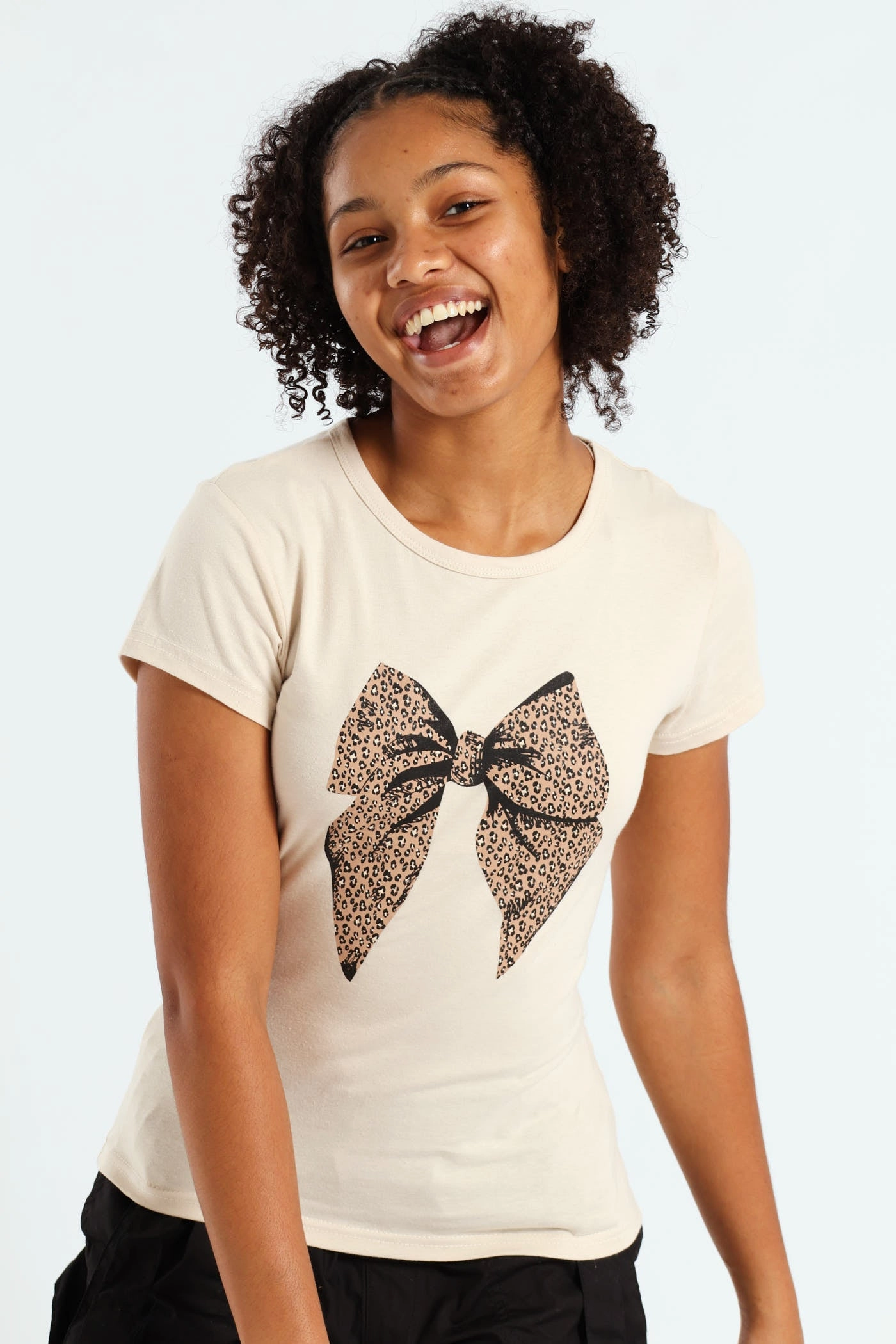 Girls Bow Leo Tee - Stone