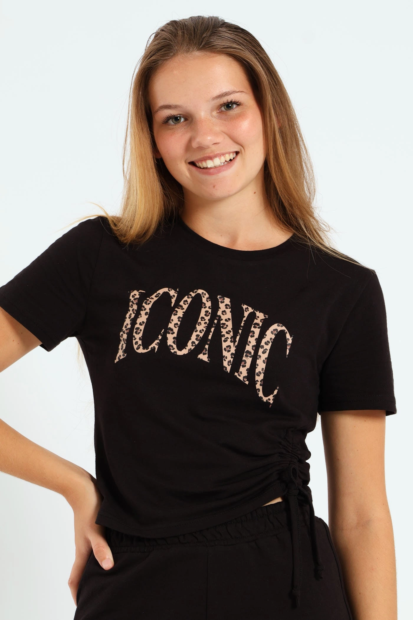 Girls Drawstring Print Top - Black