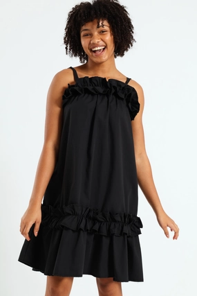 Girls Drop Tier Frilly Dress - Black Style statements Leather - material fashion