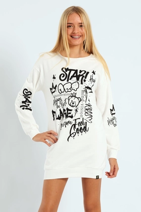 Girls Graffiti Fleece Hoodie Dress - Cream Fashion lookbook Fashion labels