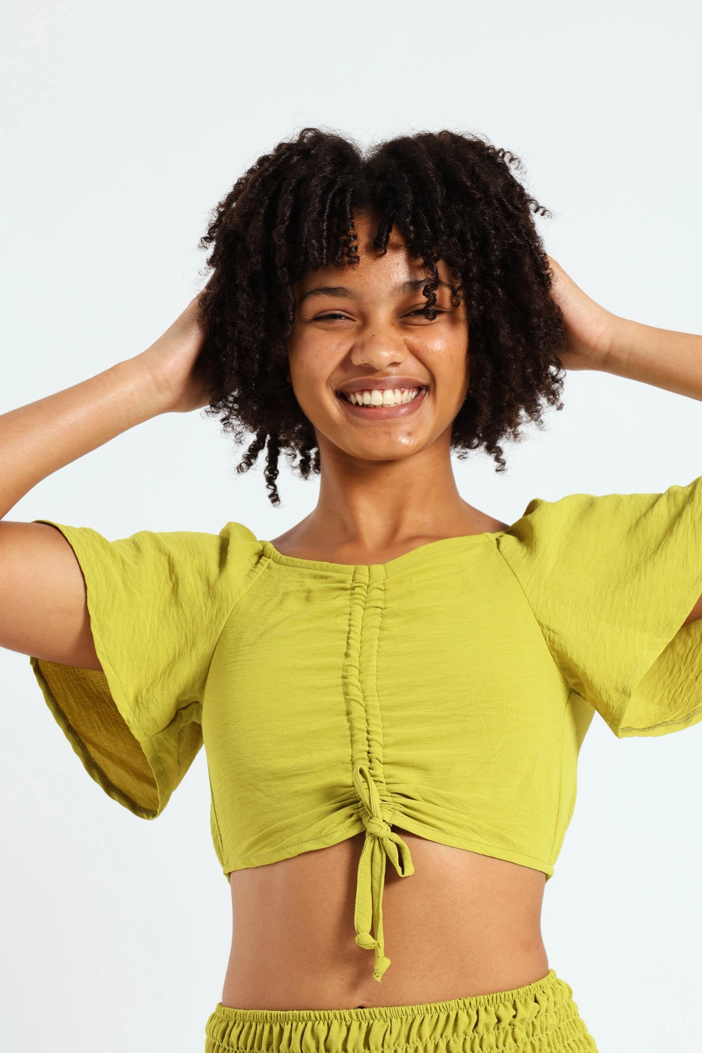 Girls Tie Front Linen Top - Lime
