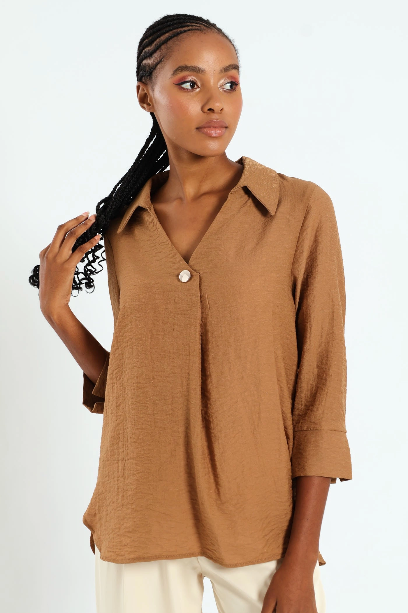 Glitter Popover With Gold Button Detail - Taupe