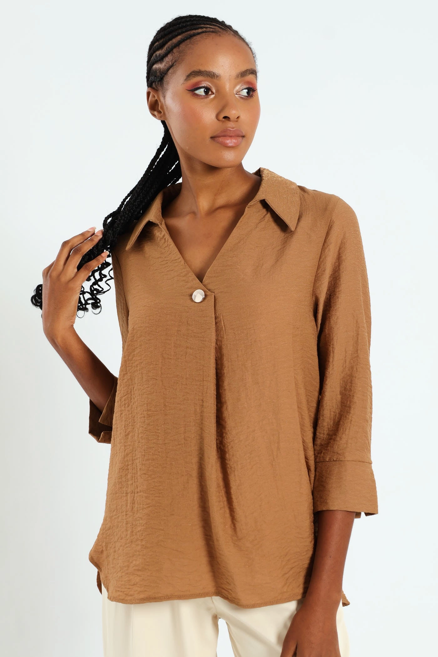 Glitter Popover With Gold Button Detail - Taupe