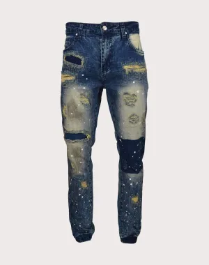 Grindhouse Blue Heavy Rips Slim Fir Denim Dark Blue Jeans Upcycled fashion Recycled fashion materials