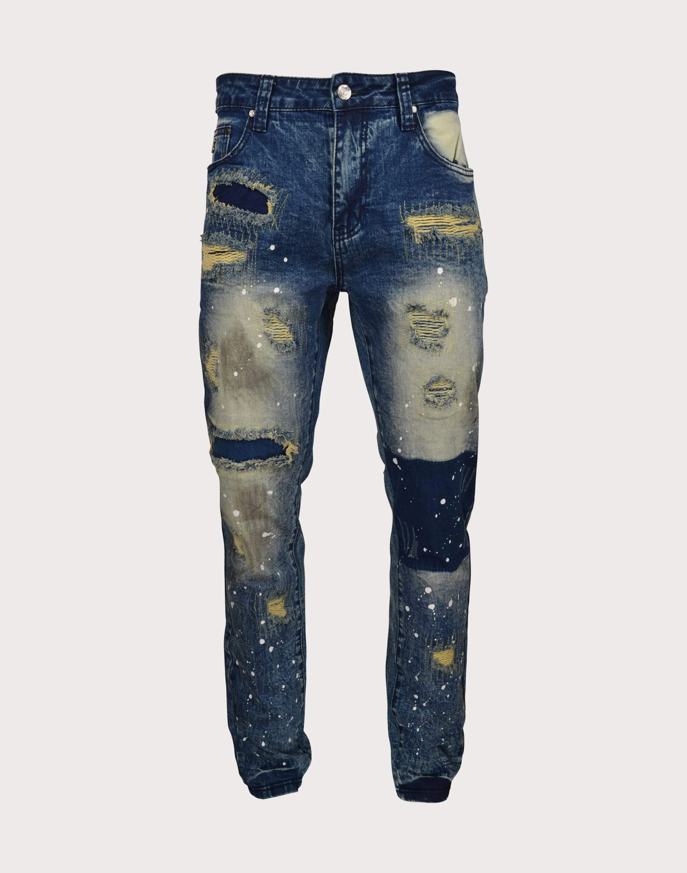 Grindhouse Blue Heavy Rips Slim Fir Denim Dark Blue Jeans Upcycled fashion Recycled fashion materials