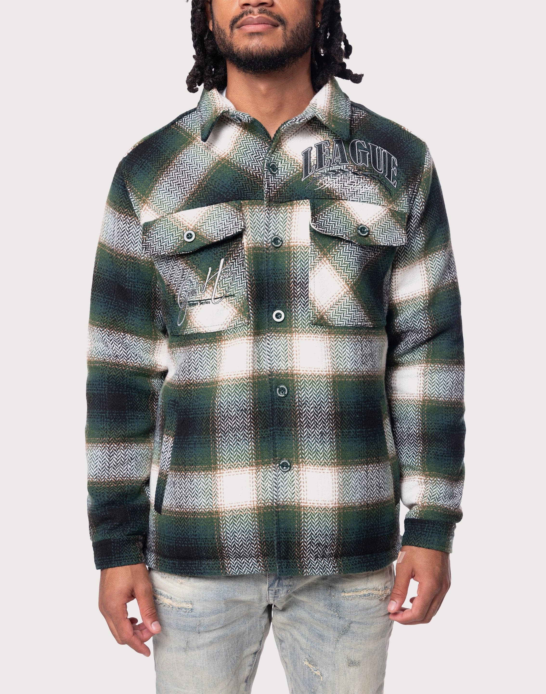 Grindhouse Spruce Green Plaid Shacket Nautical - themed fashion Embroidered fashion