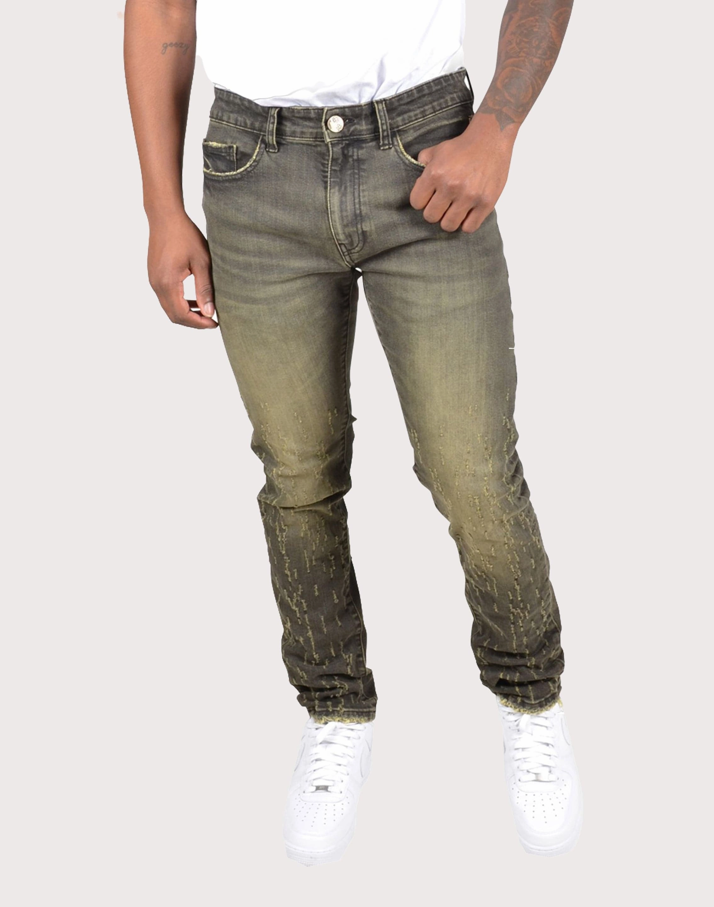 Grindhouse Tinted Slim Scratched Denim Jeans Fashion forecasting Linen - crafted fashion
