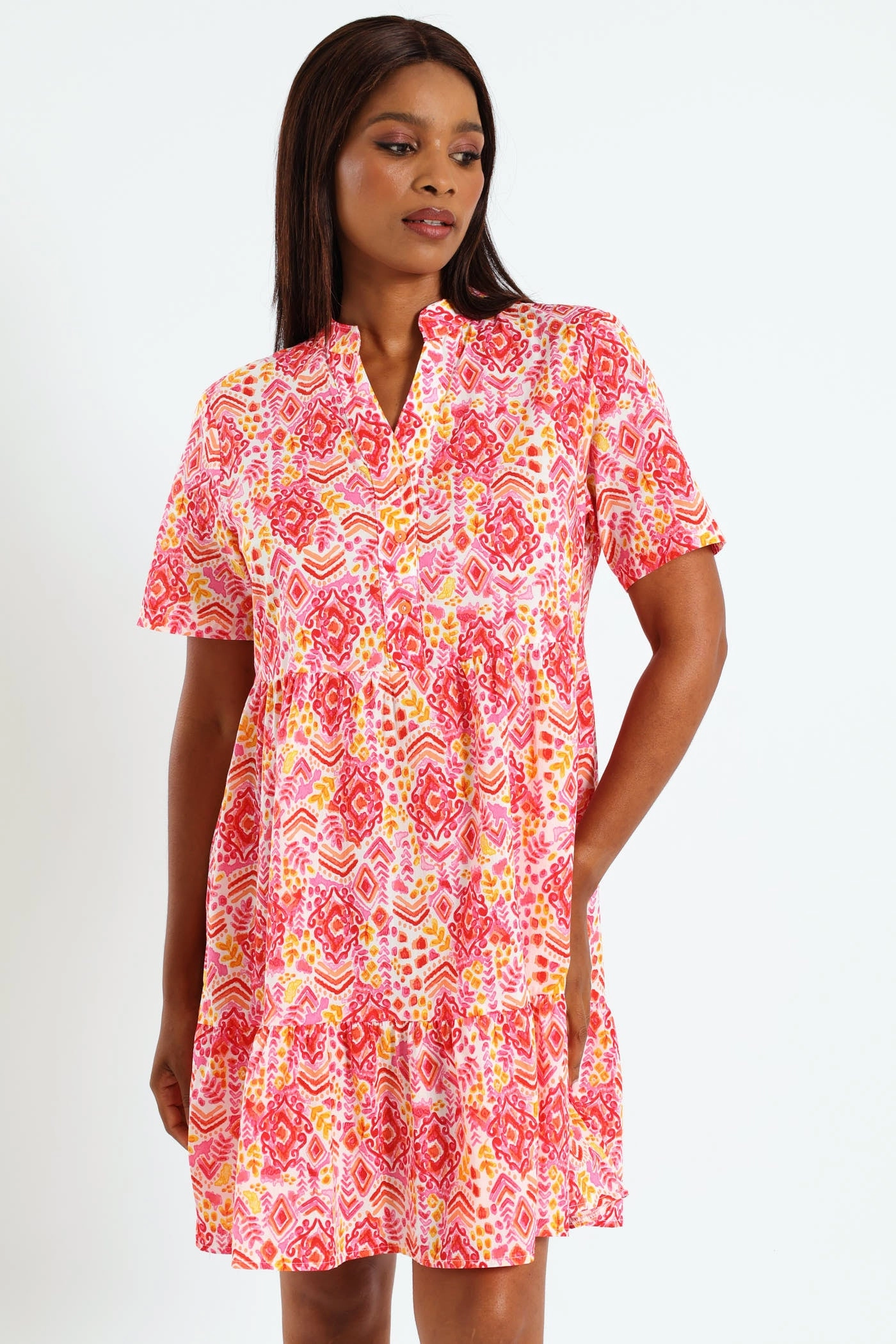Half Placket Tiered Dress Smart casual wear Cotton - made fashion