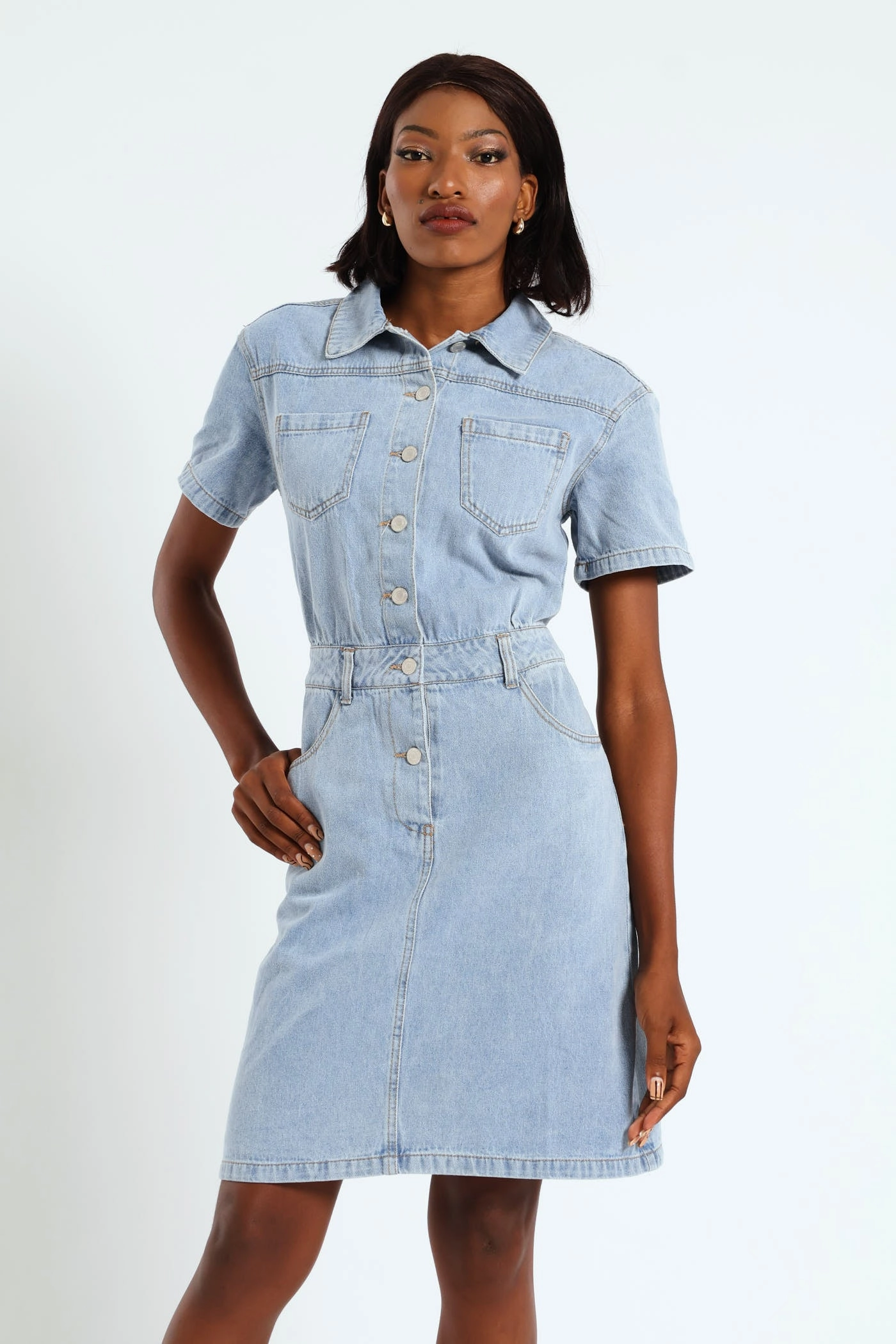 Fashion swaps Half Placket Utility Denim Mini Dress - Light Wash Activewear gear