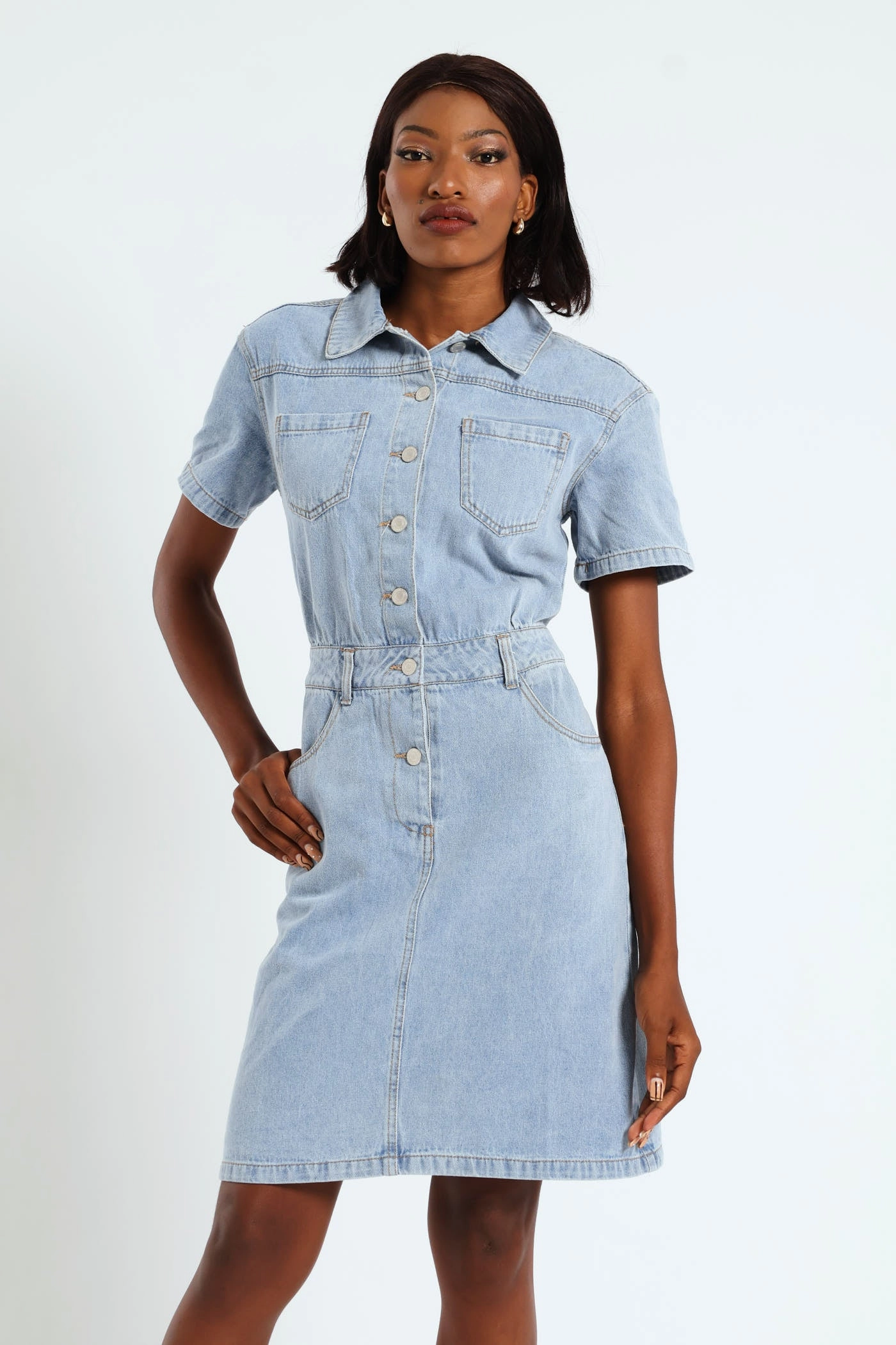 Half Placket Utility Denim Mini Dress - Light Wash Apparel finds Outerwear options