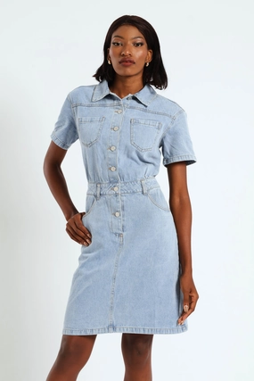 Half Placket Utility Denim Mini Dress - Light Wash Evening wear Fashion models