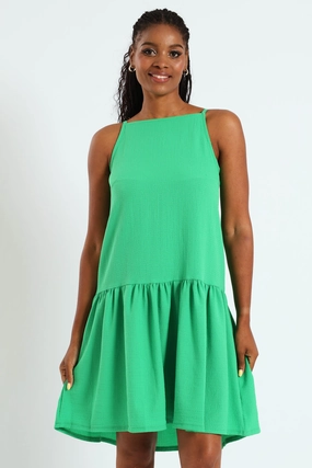 Hi-Neck Drop Waist Mini Dress - Bright Green Wardrobe staples Spandex - incorporated fashion