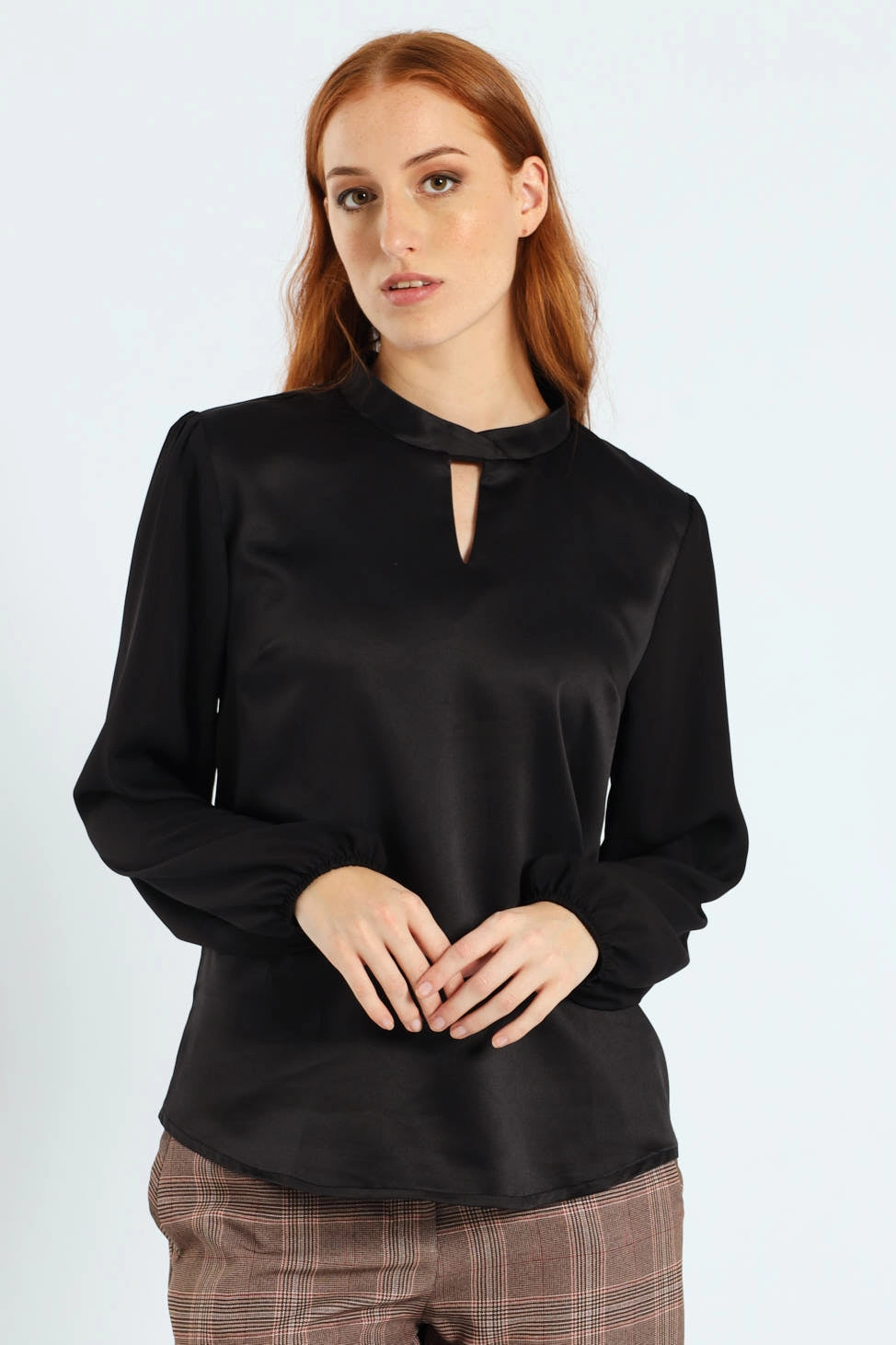 Hi-Neck Keyhole Combo Blouse - Black