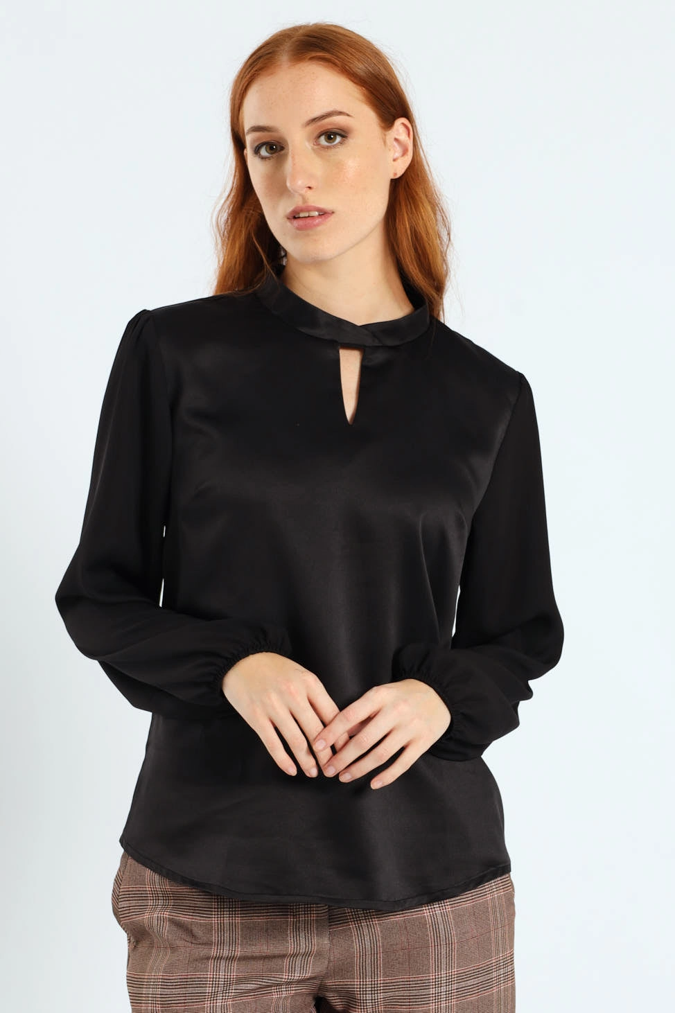 Hi-Neck Keyhole Combo Blouse - Black