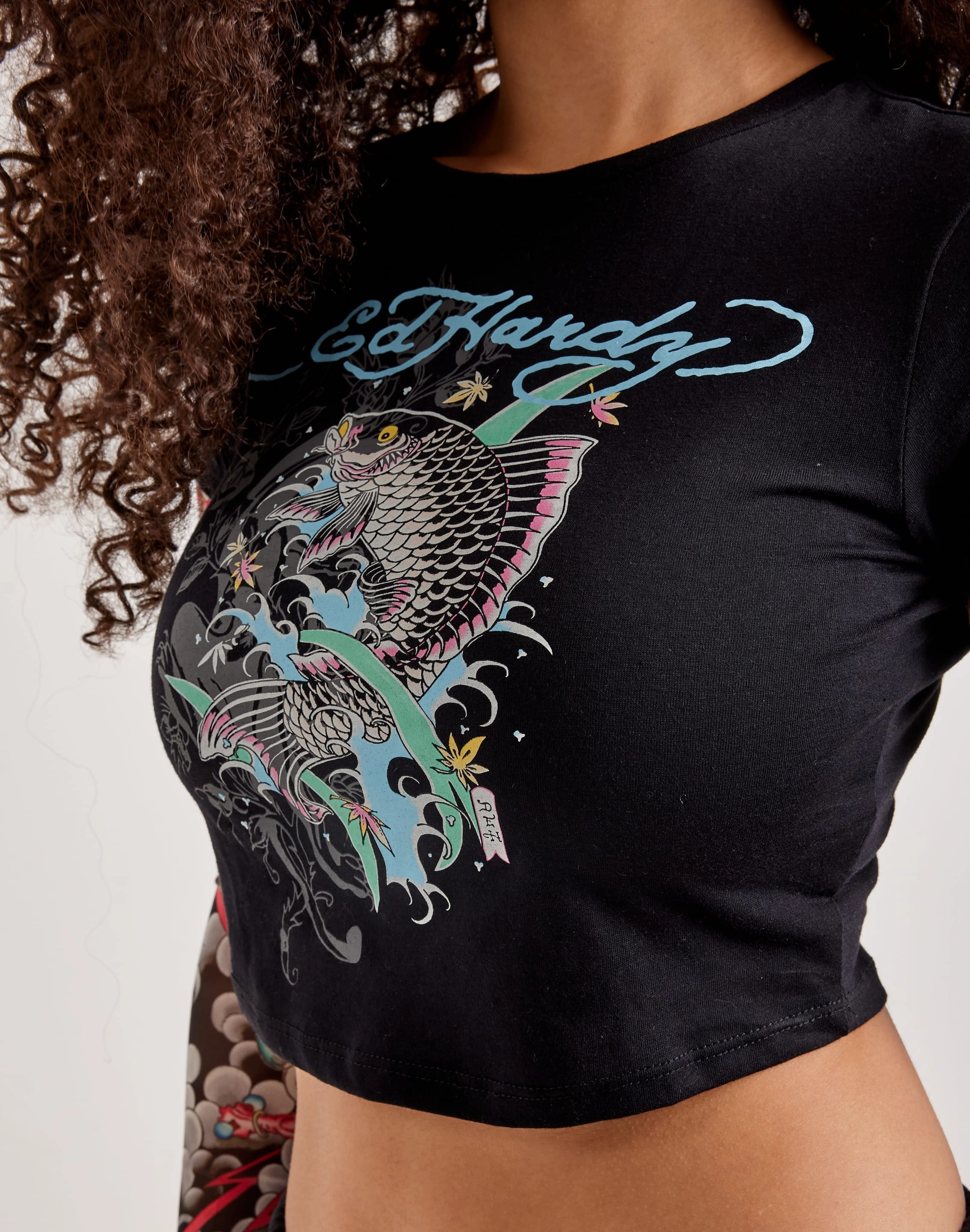 High - end fashion Ed Hardy Mesh Koi Fish Tattoo Long-Sleeve Top