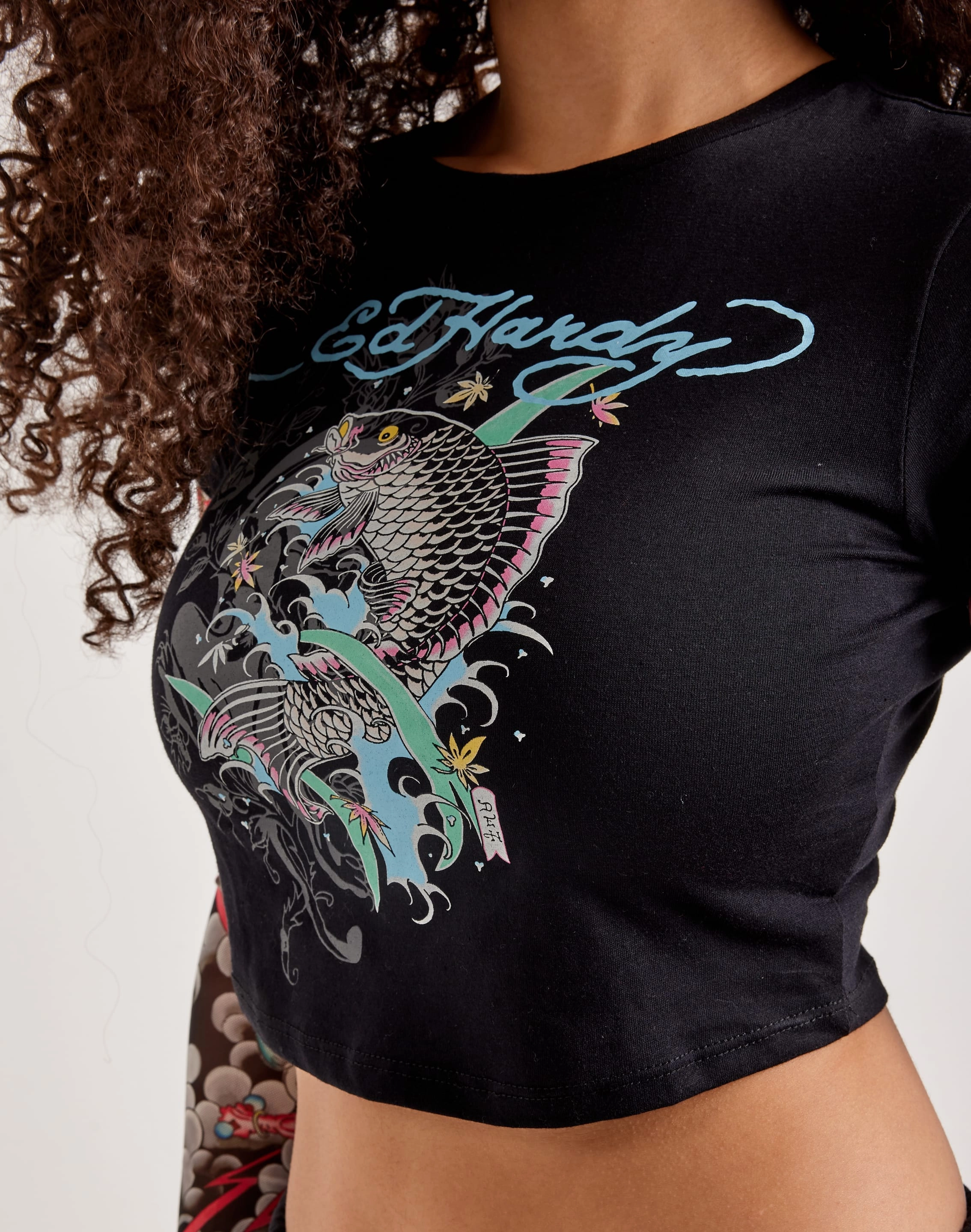 High - end fashion Ed Hardy Mesh Koi Fish Tattoo Long-Sleeve Top
