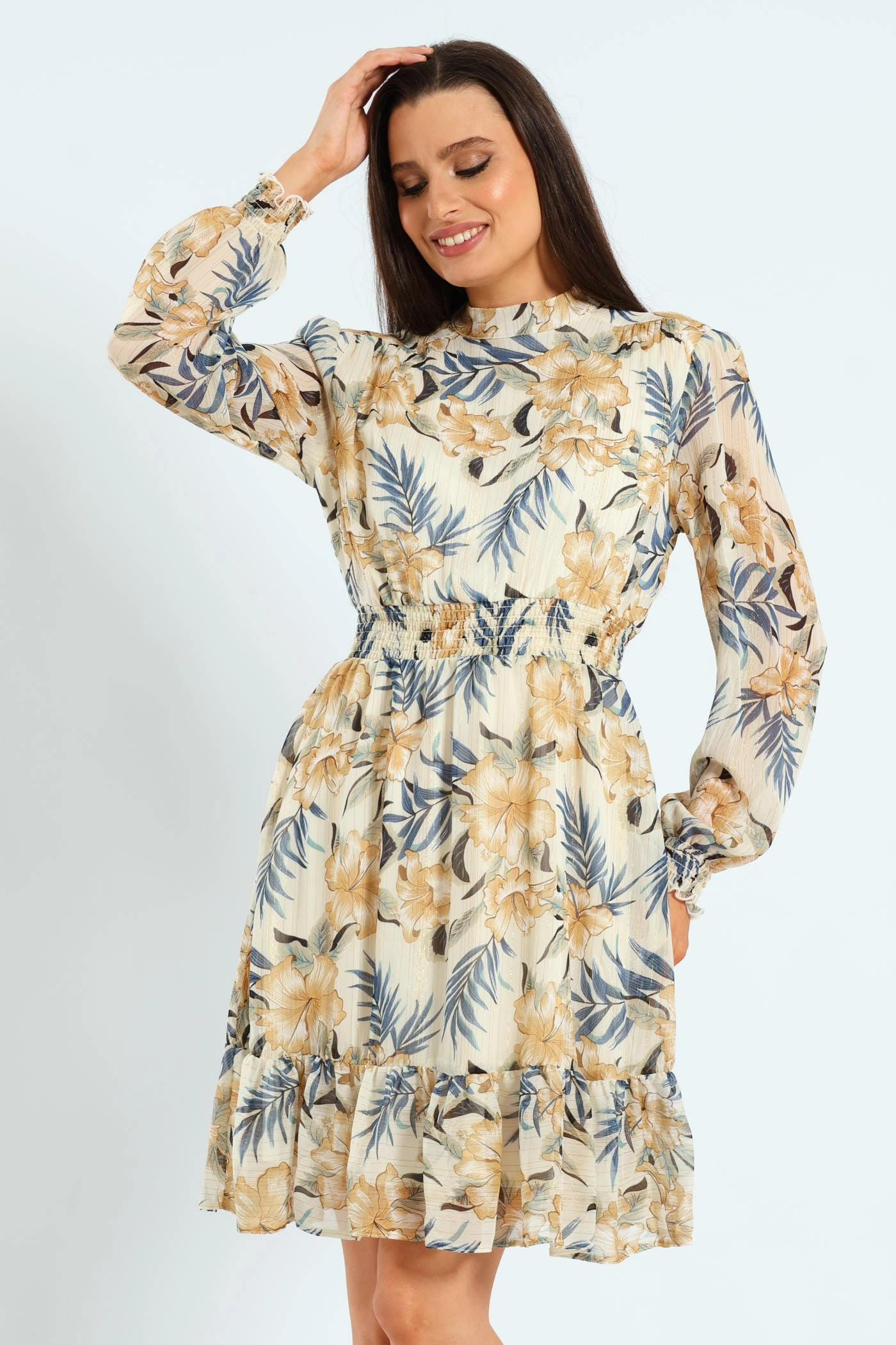 High Neck Shirred Waisted Tea Dress Sustainable fashion practices Fashion lookbook