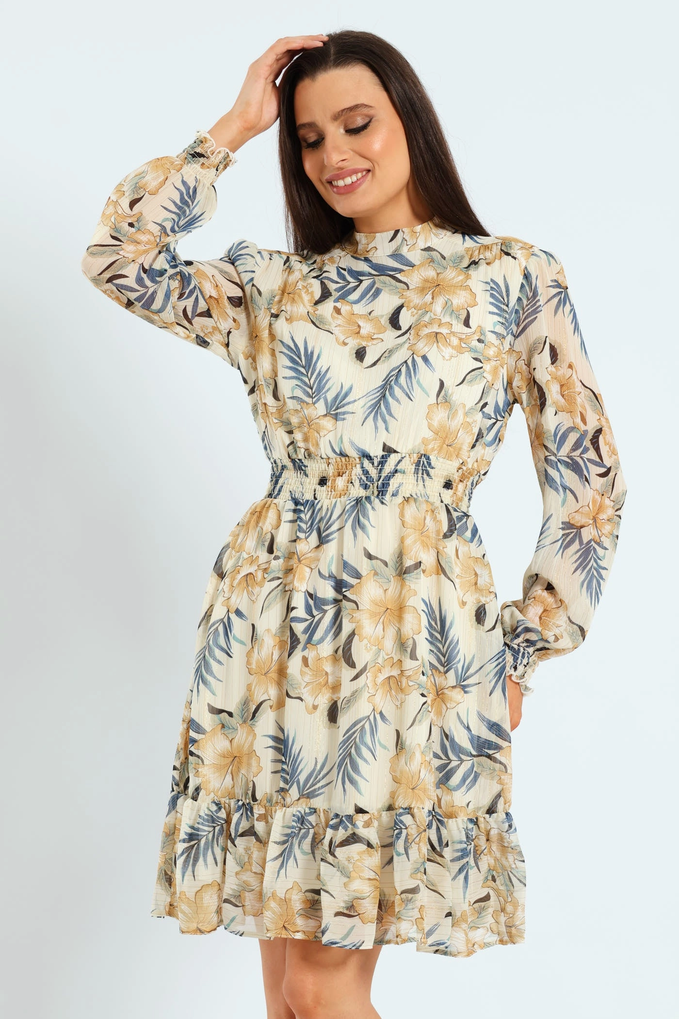 Luxury fashion items High Neck Shirred Waisted Tea Dress Affordable fashion