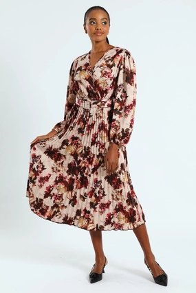 Hip - hop fashion Pleated Satin Belted Wrap Maxi Dress - Cream Denim - based fashion