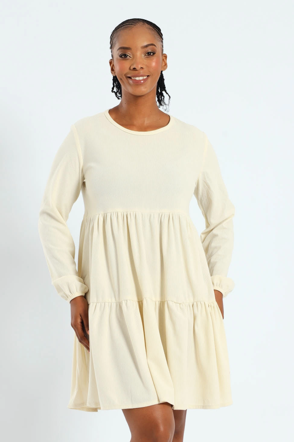 Hip - hop fashion Puff Sleeve Corduroy Tiered Mini Dress Fashion care (washing, ironing, etc.)
