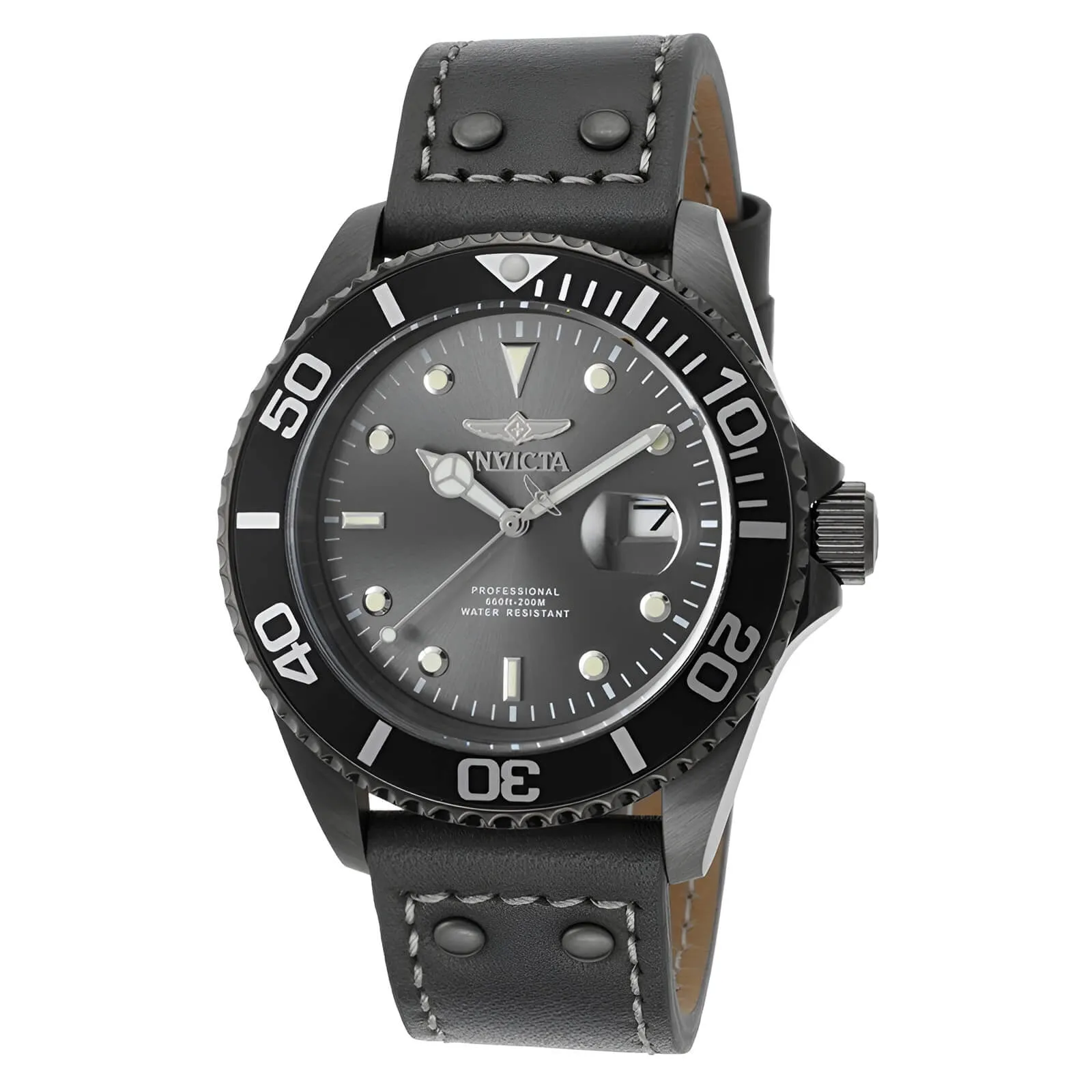 Invicta Men's Grey Leather Strap Watch - Pro Diver Quartz Grey Dial Dive | 22077 Invicta Men's Watches