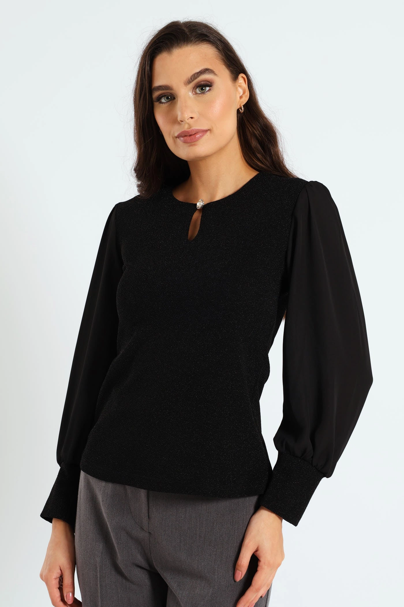 Keyhole Shimmer Combo Blouse - Black